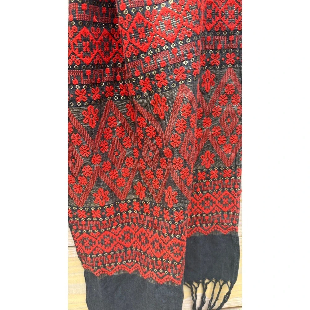 Black Red Geometric Woven Fringe Scarf Tribal Ethnic Embroidered Shawl Wrap
